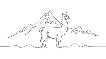 Single Line Drawing of a Llama in Mountains © MDMINTU