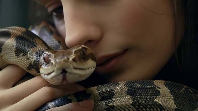 Close up of a female child interacting with a large snake. Cute girl with a friendly pet python. Child enjoying animal friendship.