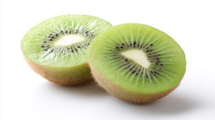Fototapeta premium Fresh kiwi halves with vibrant green flesh and black seeds, showcasing nature's juicy perfection.