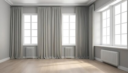 Obraz premium Sunlit Room with Gray Walls, White Windows and Delicate Fabric Drapes
