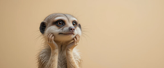 Thoughtful meerkat resting chin on paws with beige background in studio lighting, showing emotional animal expression for wildlife photography and humorous stock content