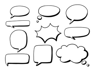 Hand Drawn Comic Speech Bubble Set. A playful collection of 10 hand drawn comic bubbles including speech shapes thought clouds bursts and tags in bold outline style. Perfect for comics stickers