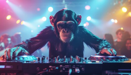 Chimpanzee DJ in nightclub