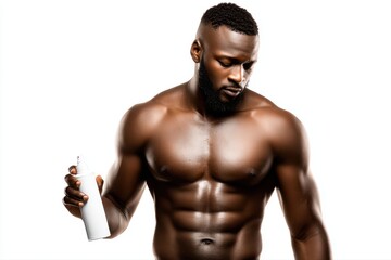 A fitness model applying sunscreen to their abs. Close-up shot showing the model holding a sunscreen bottle on a sunny day.
