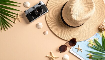 Flat lay of travel essentials: straw hat, sunglasses, vintage camera, map, and seashells on a light sandy background