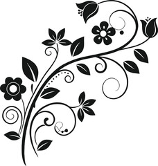 Elegant black and white floral vine design with detailed flowers, swirling leaves, and intricate patterns ideal for backgrounds or textile prints.