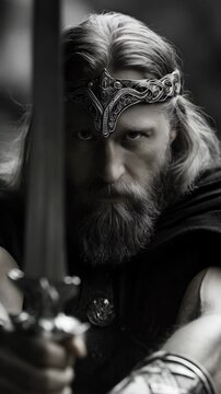 Warrior with long hair and beard holds a sword, clad in metal bracers and a decorated crown, monochrome close-up