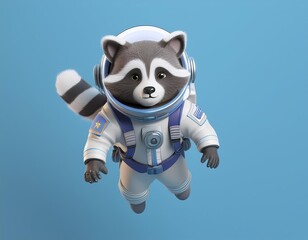 3D raccoon astronaut floats weightlessly in space