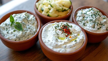 Savor the rich flavors of the Mediterranean with authentic meze sauces from Turkey and Arabia, featuring Baba Ganoush, Tzatziki, and Tomato Ezme
