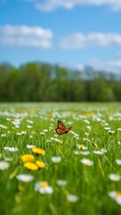 Monarch Butterfly, Daisies, Dandelions, Spring Meadow, Vibrant Nature Photography