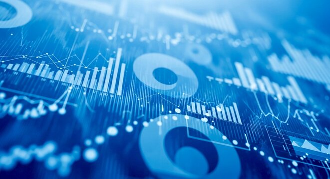 Abstract digital background with graphs, bar charts, data points, blue tones, business analytics theme