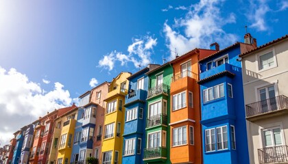 Fototapeta premium Colorful City Buildings Rising Towards Sunny Sky