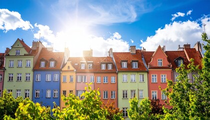 Fototapeta premium Colorful City Buildings Rising Towards Sunny Sky