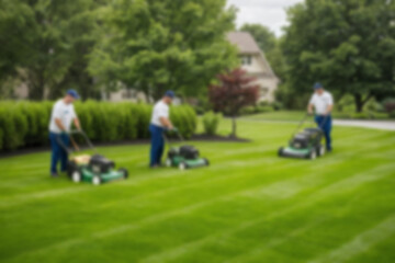 Fototapeta premium blurry image of gardener in uniform cutting and cleaning green grass area with lawn mowing equipment, focusing on care and greening