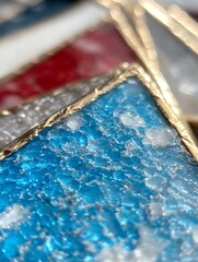Close-up textured art glass with golden frame, abstract mosaic craft