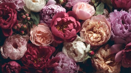 Vintage floral arrangement with pink peonies and white roses, elegant botanical composition
