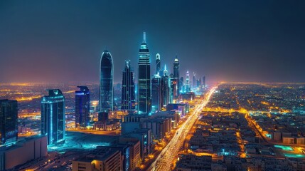 Panoramic View of a Vibrant Modern Cityscape Illuminated at Twilight Hour