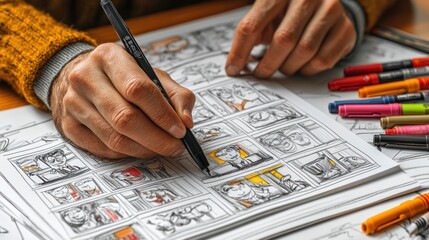 Cartoonist working on comic panels