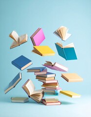 Colorful Books Stack Exploding Upward on Light Blue Background