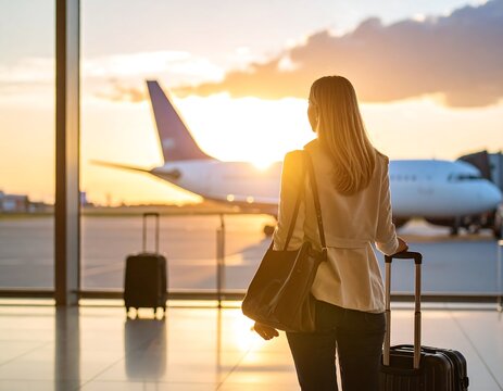 Businesswoman at airport terminal sunset