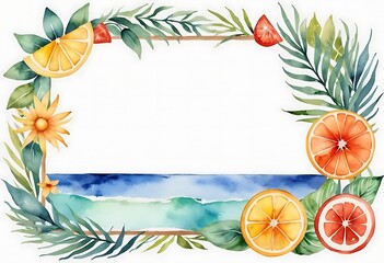 Watercolor tropical fruit, foliage, and ocean frame with blank copy space