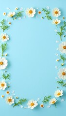 Obraz premium Elegant Floral Frame, White Daisies, Blue Background, Botanical Design, Spring Flowers, Nature Photography