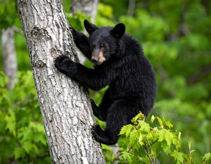Obraz premium Black bear cub climbing a tree