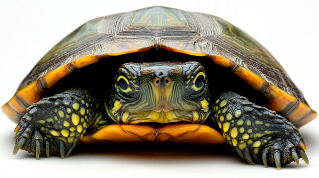Close up shot of a turtle with yellow markings on its legs and neck on a white background