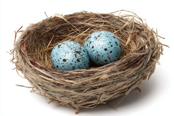 Obraz premium Bird nest with two spotted blue eggs