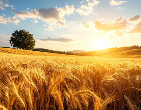 Wheat field glowing at sunset with golden sunlight and blue sky - Powered by Adobe