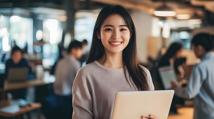 Smiling Japanese businesswoman standing in an office, holding her laptop. She is wearing casual clothes, and other people working