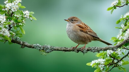 A sparrow perched on a branch amongst springtime blossoms.