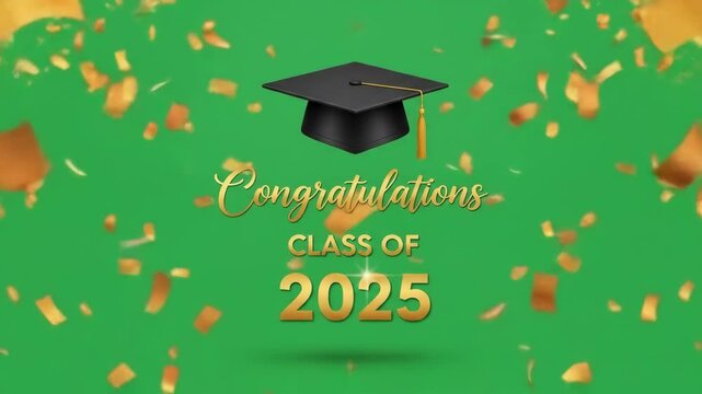 Celebration of the graduating class of 2025 with golden confetti and mortarboard caps on green background
