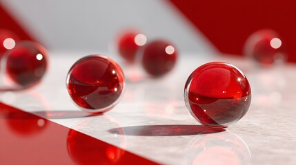 A vibrant red bowling ball sits on the wooden lane of a bowling alley, focus on ball