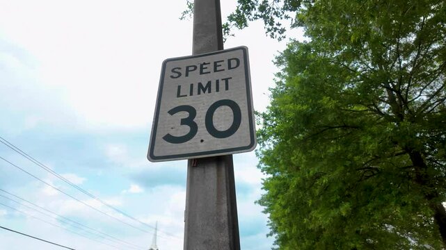 A dirty 30 MPH traffic sign against blue sky and trees