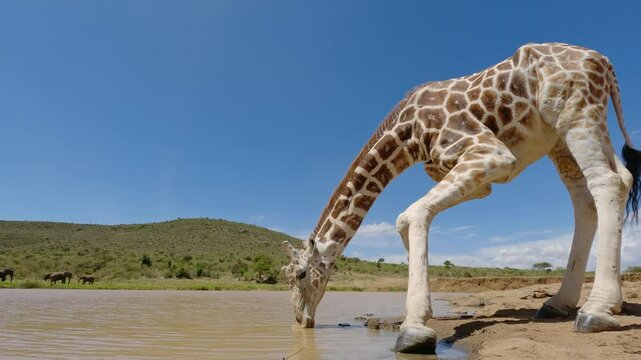 Low wide angle of Reticulated giraffe (Giraffa c. reticulata) drinking from a muddy watering hole under hot midday sun in kenya 