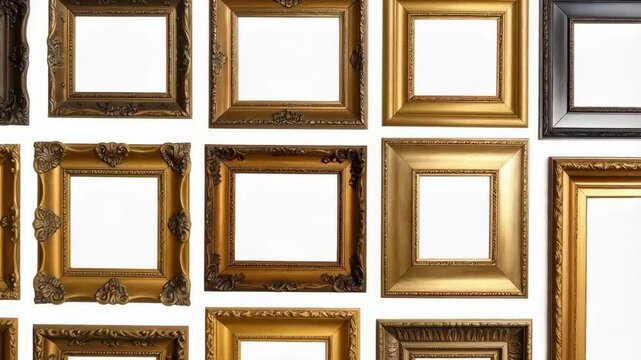 Assortment of decorative picture frames, varying sizes, styles, gold, brown, and black on a plain white background, wall decor