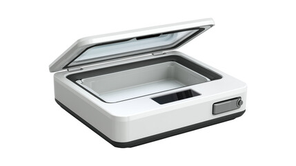 White flatbed scanner with open lid for document digitization