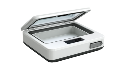 White flatbed scanner with open lid for document digitization