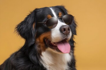 Fototapeta premium A Bernese Mountain Dog sports sunglasses against a gold background tongue out