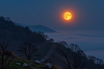 A bright full moon rises over misty hills and a winding path, surrounded by silhouetted trees under a twilight sky.