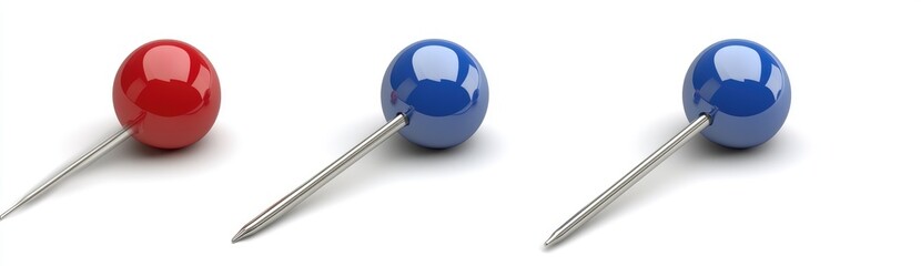 Three colored pushpins on white background