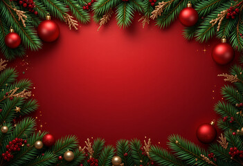 Festive Red Christmas Background with Evergreen Pine and Baubles. Classic Holiday Frame for Seasonal Invitations and Cards.