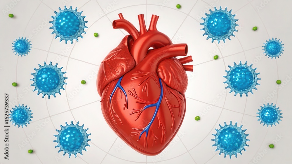 Aufkleber human heart with immune markers attacking pathogens in low resolution