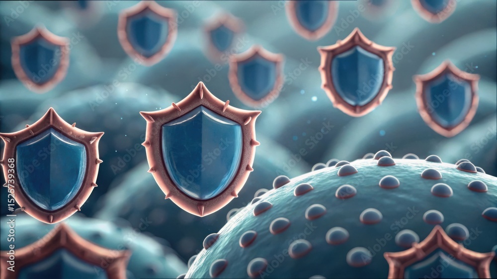 Poster immune response visualization with shields representing autoimmune attack
