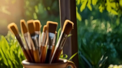 Paintbrushes in a brown ceramic pot with nature background, arts and crafts still life composition for painting and artist supplies imagery - Powered by Adobe
