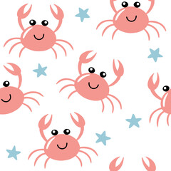 Seamless pattern with cute pink cartoon crabs and blue star on white background.