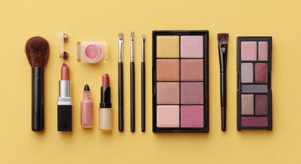 Makeup products arranged on a yellow background