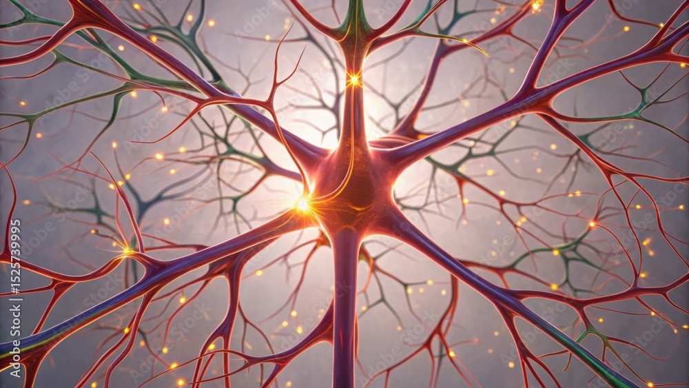 Poster intricate blood vessel network with light signals in neuronal structure