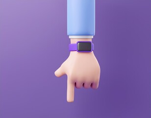 A hand with a purple smartwatch pointing down